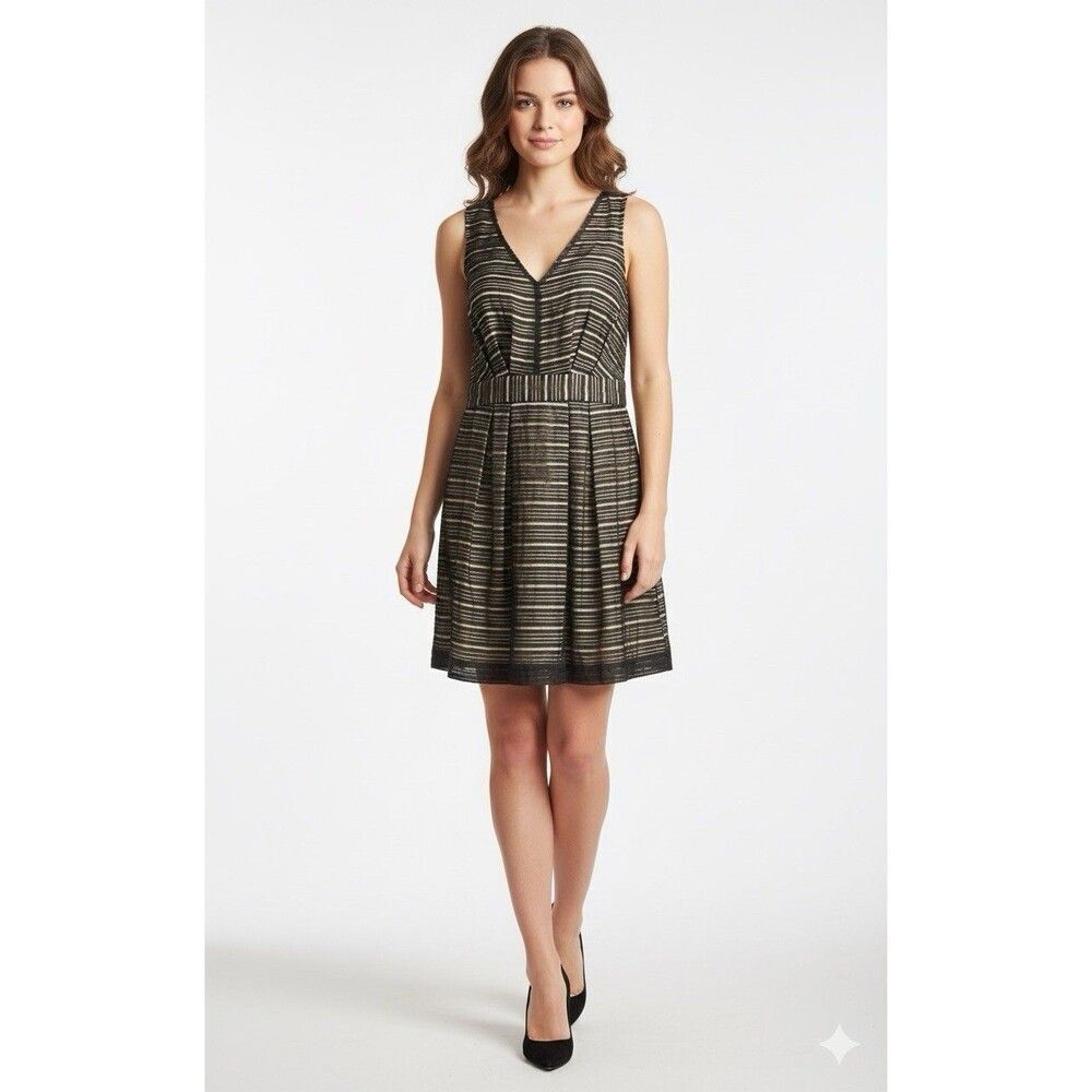 BCBGeneration Black Gold Mini Dress Size 4 Striped V-Neck Fit Flare Party Event